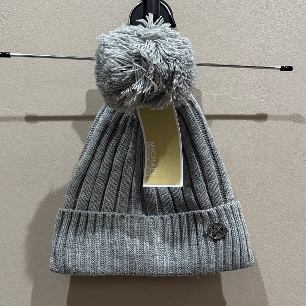Michael Kors Gray Knit Beanie with Pom-Pom